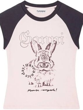 Ganni Pink & Black Bunny Graphic Raglan Tee